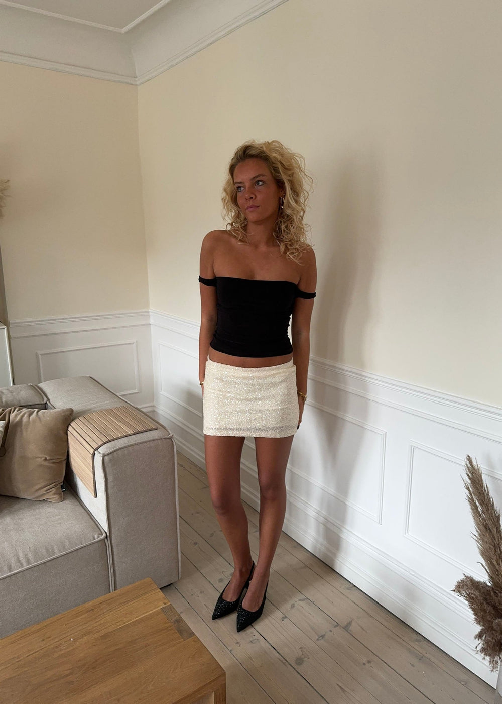 Bella mini nederdel med pallietter - Off white
