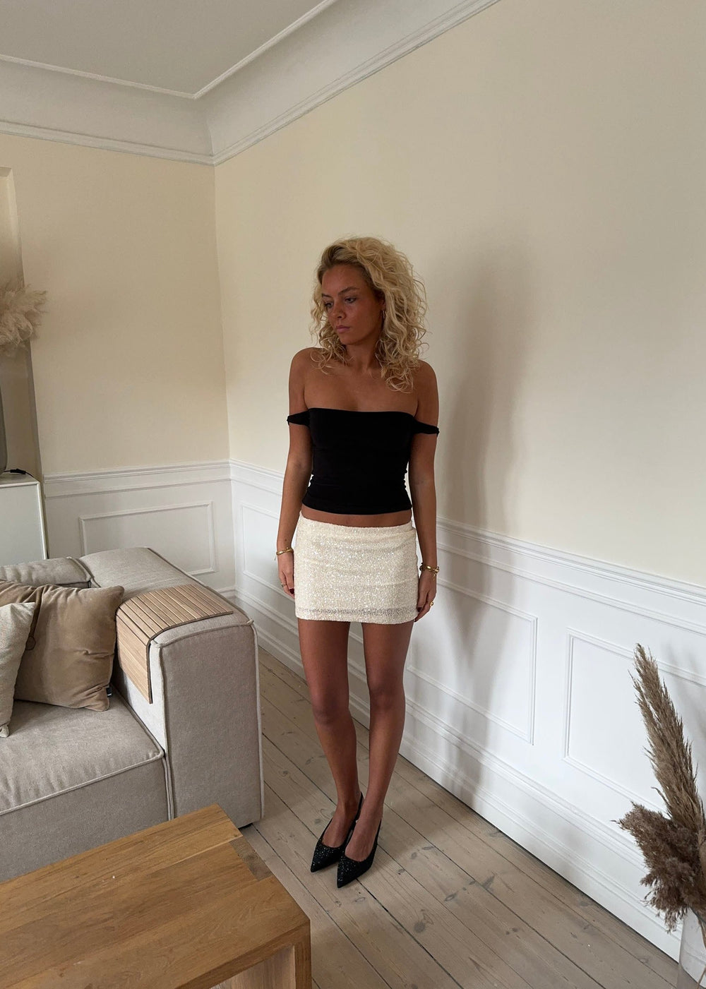 Bella mini nederdel med pallietter - Off white