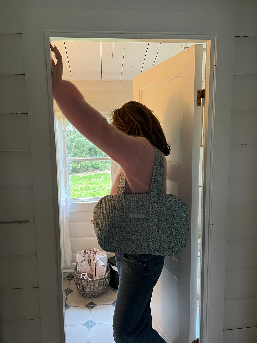 Mykonos rund taske med blomster - Turkis