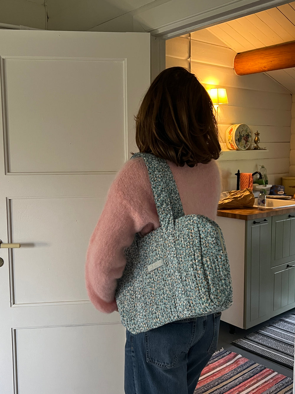 Mykonos rund taske med blomster - Turkis