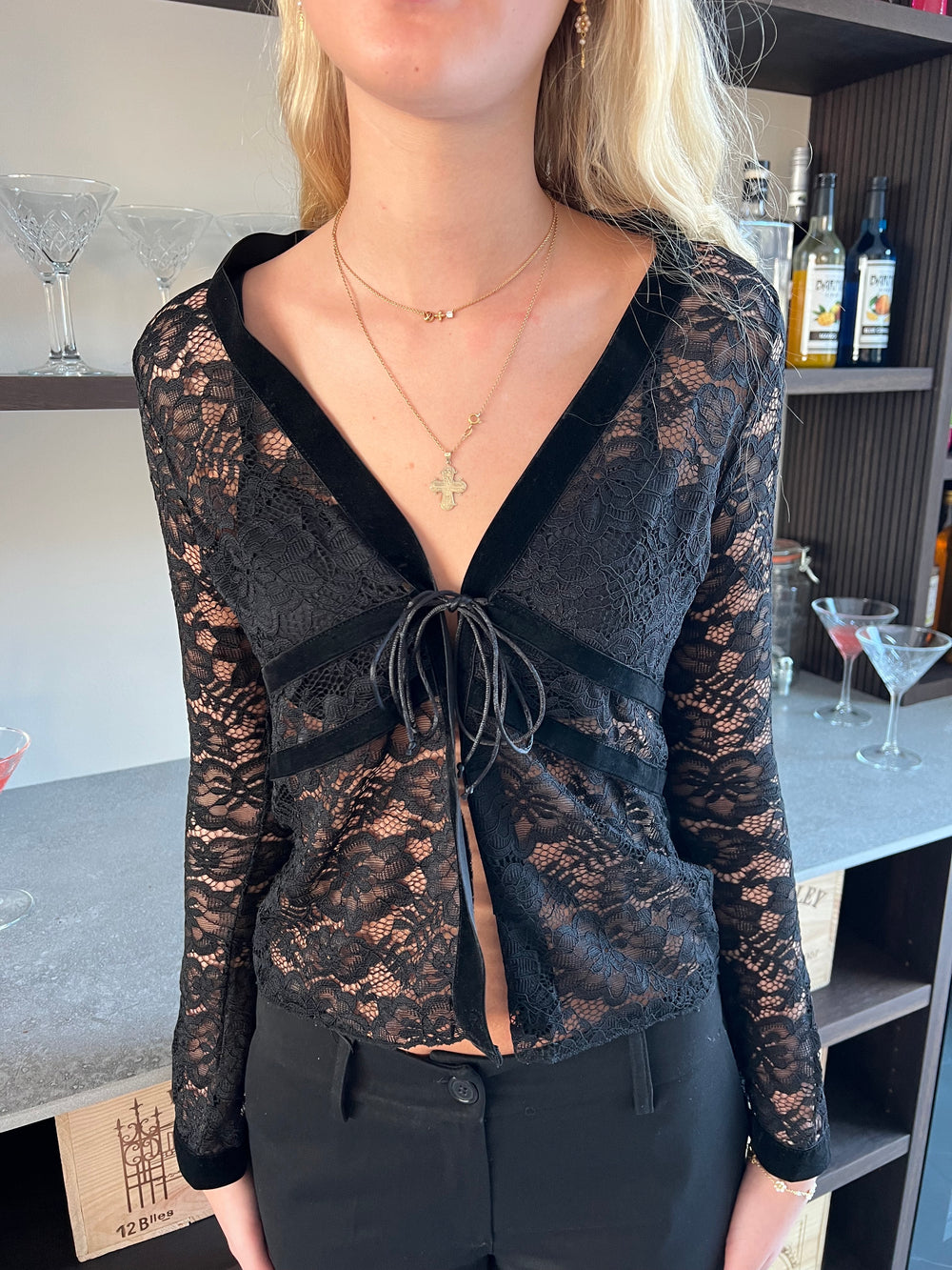 Isamara blonde bluse med velour - sort