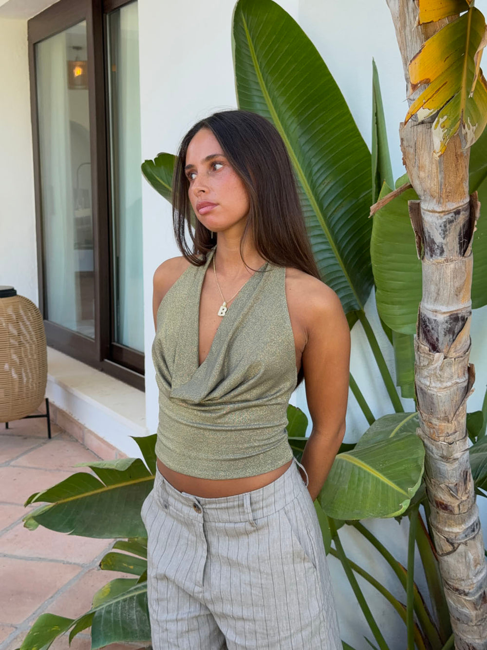 Martha halterneck top med glimmer - Kaki