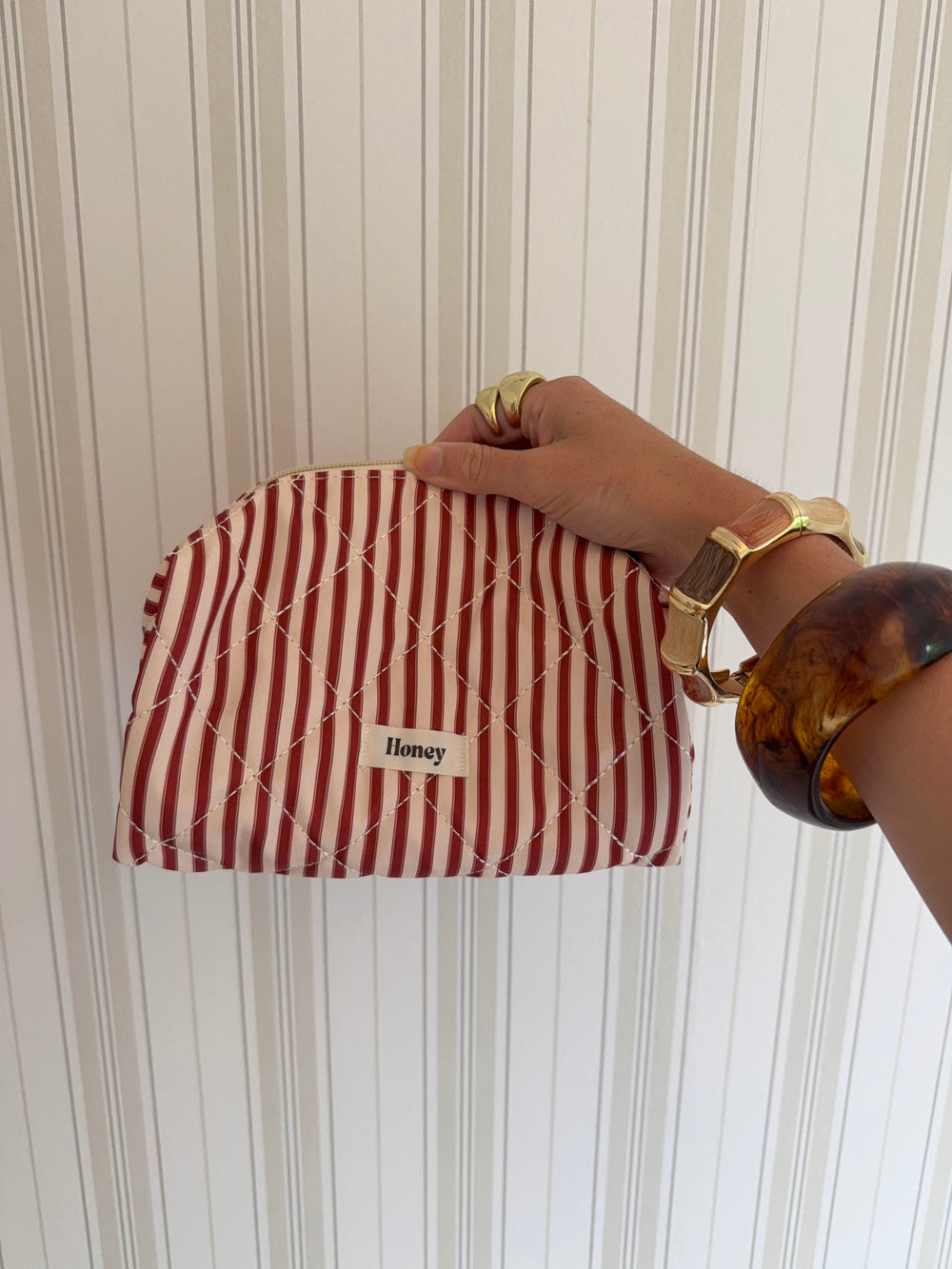 Honey lille toilettaske - Striber i rød/beige