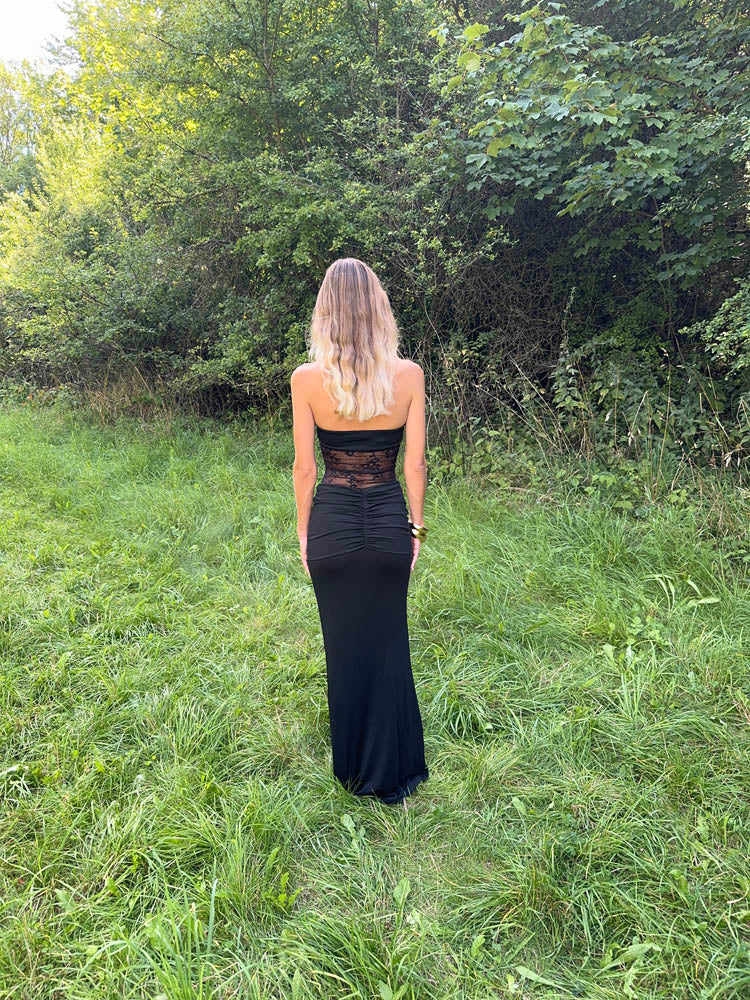 Saxo maxi kjole med blonder - Sort