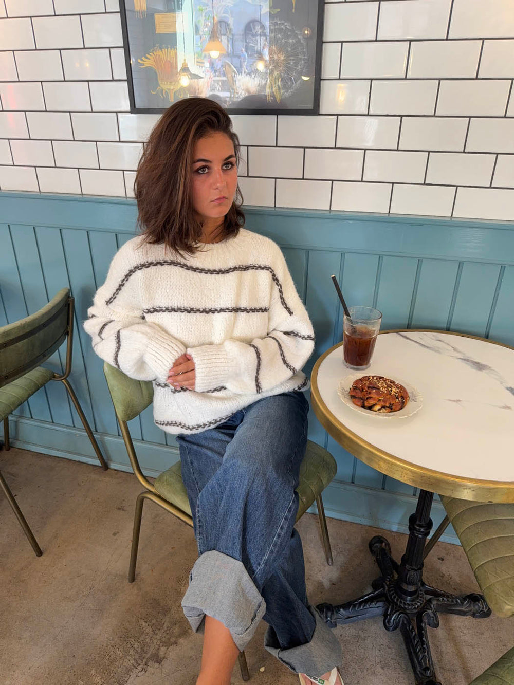 Rula striktrøje med striber - Hvid/brun