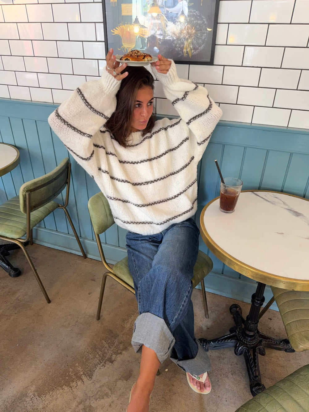 Rula striktrøje med striber - Hvid/brun