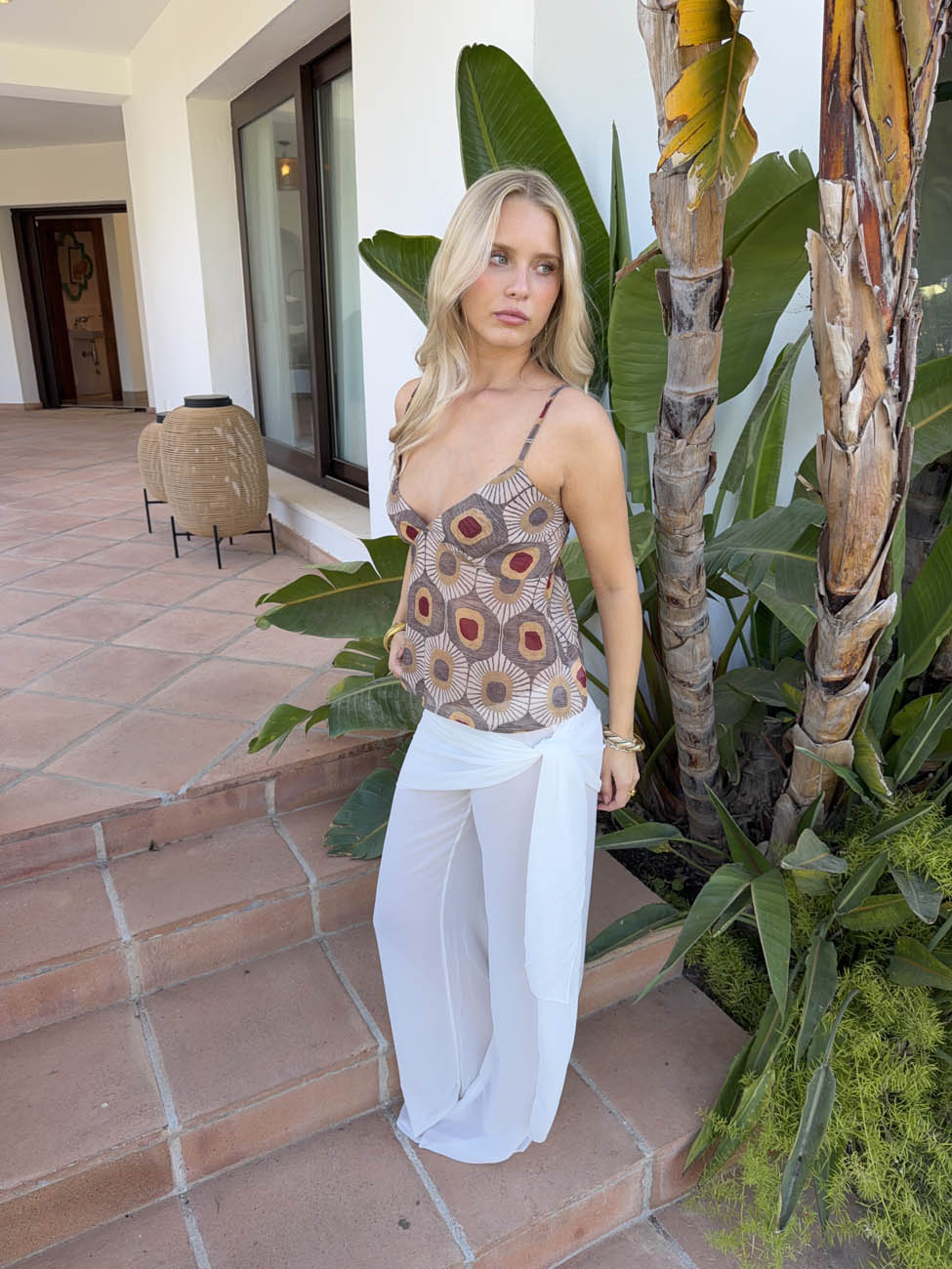 Novina top med mønster - Beige/brun/rød