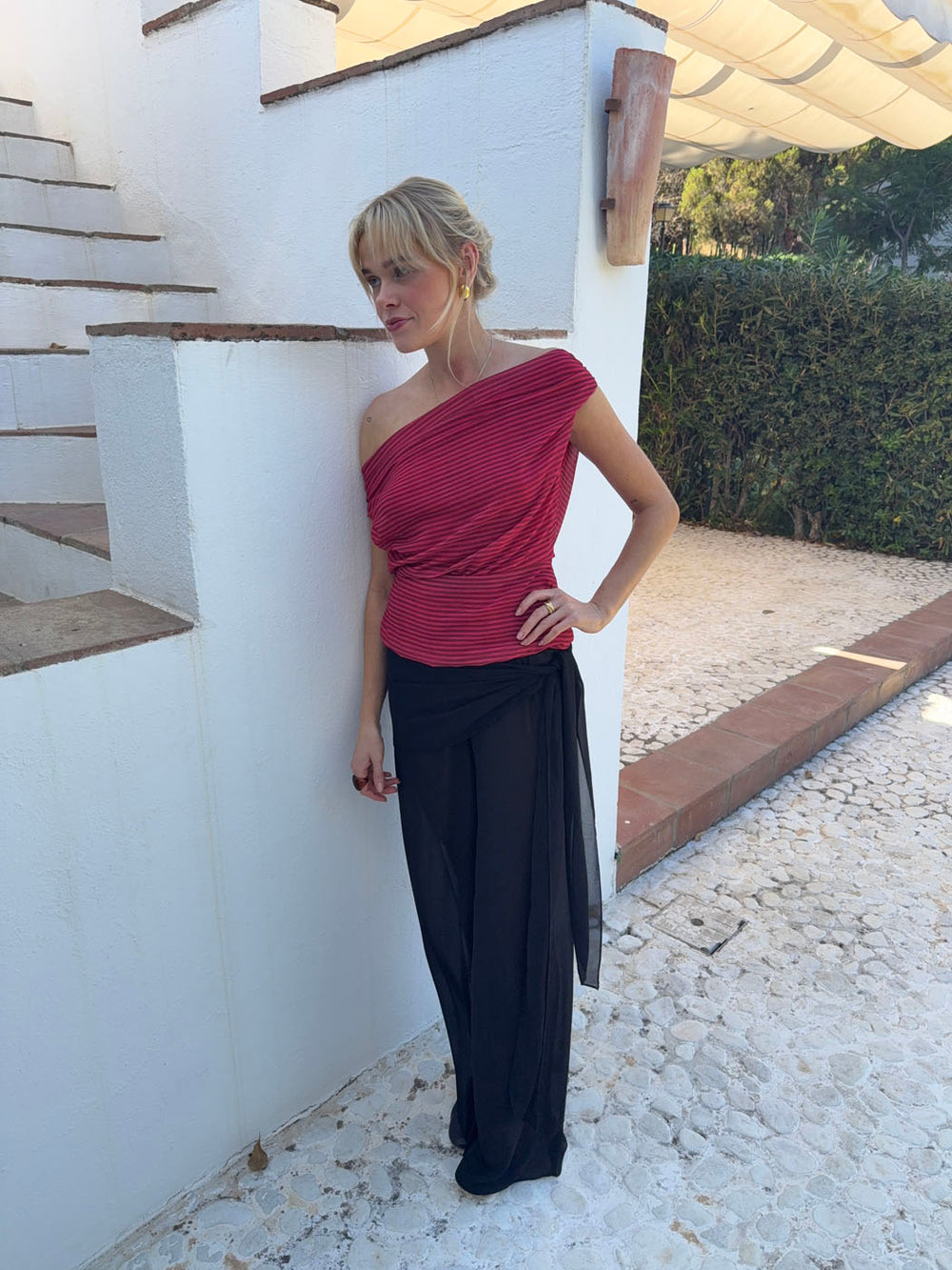Lily top med striber - rød/bordeaux