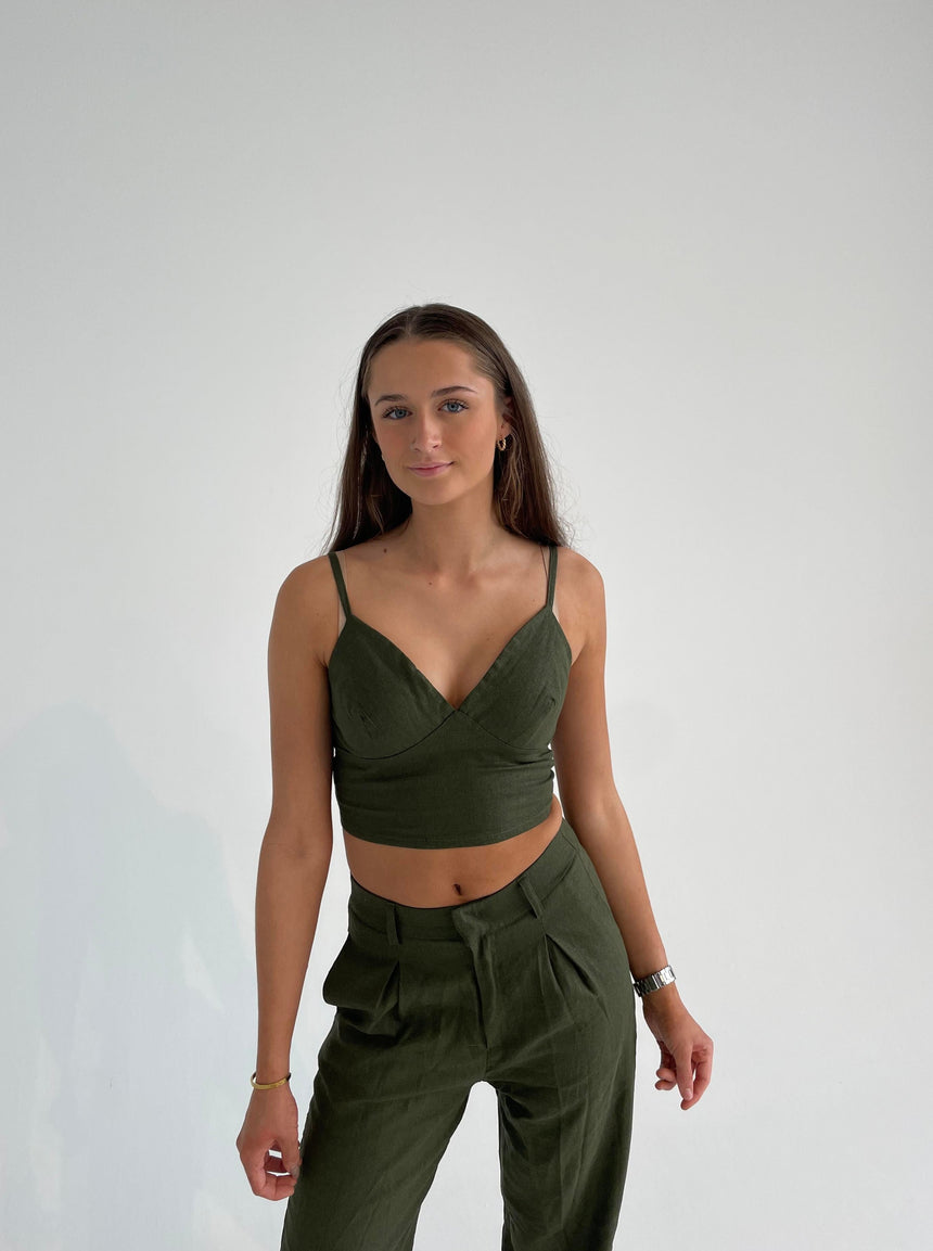 Saira hør top - Kaki