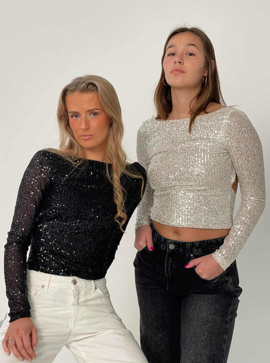 Babette palliet bluse med åben ryg - Sort
