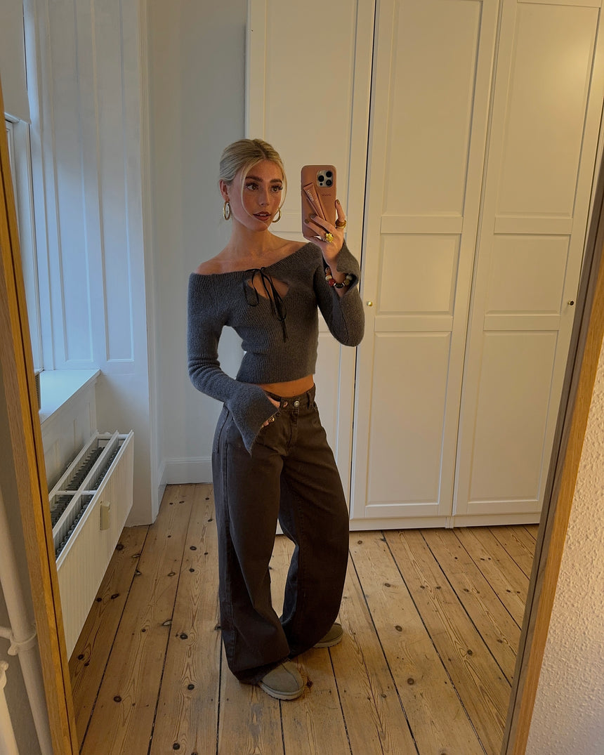 Brooke strikket bluse med bindebånd - Gråbrun