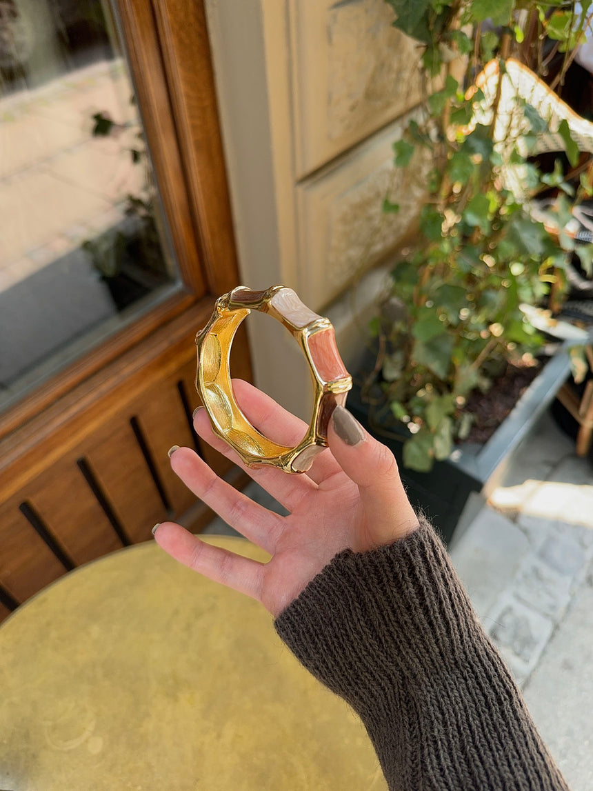Armbånd med striber - Koral/brun/guld/off white
