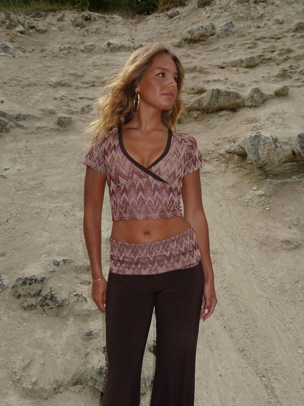 Cosima top med glimmer - Brun/beige/pink