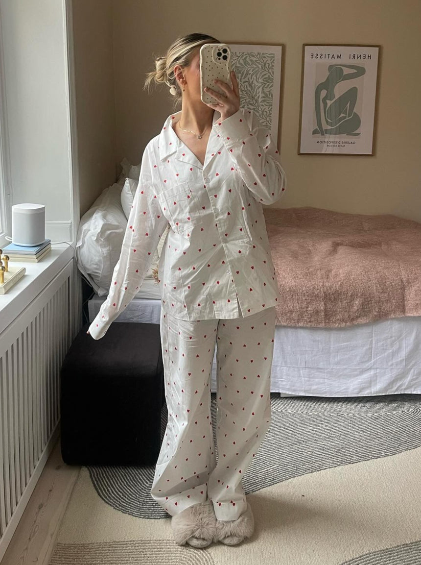 Ane pyjamas bukser med hjerter - Hvid
