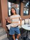 Sannie stribet t-shirt i let strik - Nude/beige