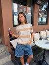 Sannie stribet t-shirt i let strik - Nude/beige