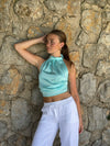 Frida halterneck top med åben ryg - Turquoise
