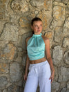 Frida halterneck top med åben ryg - Turquoise