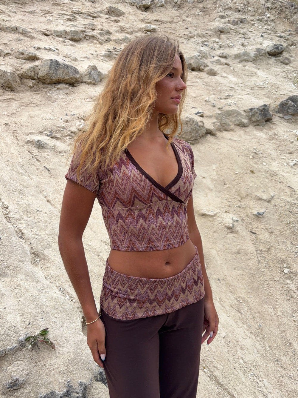 Cosima top med glimmer - Brun/beige/pink