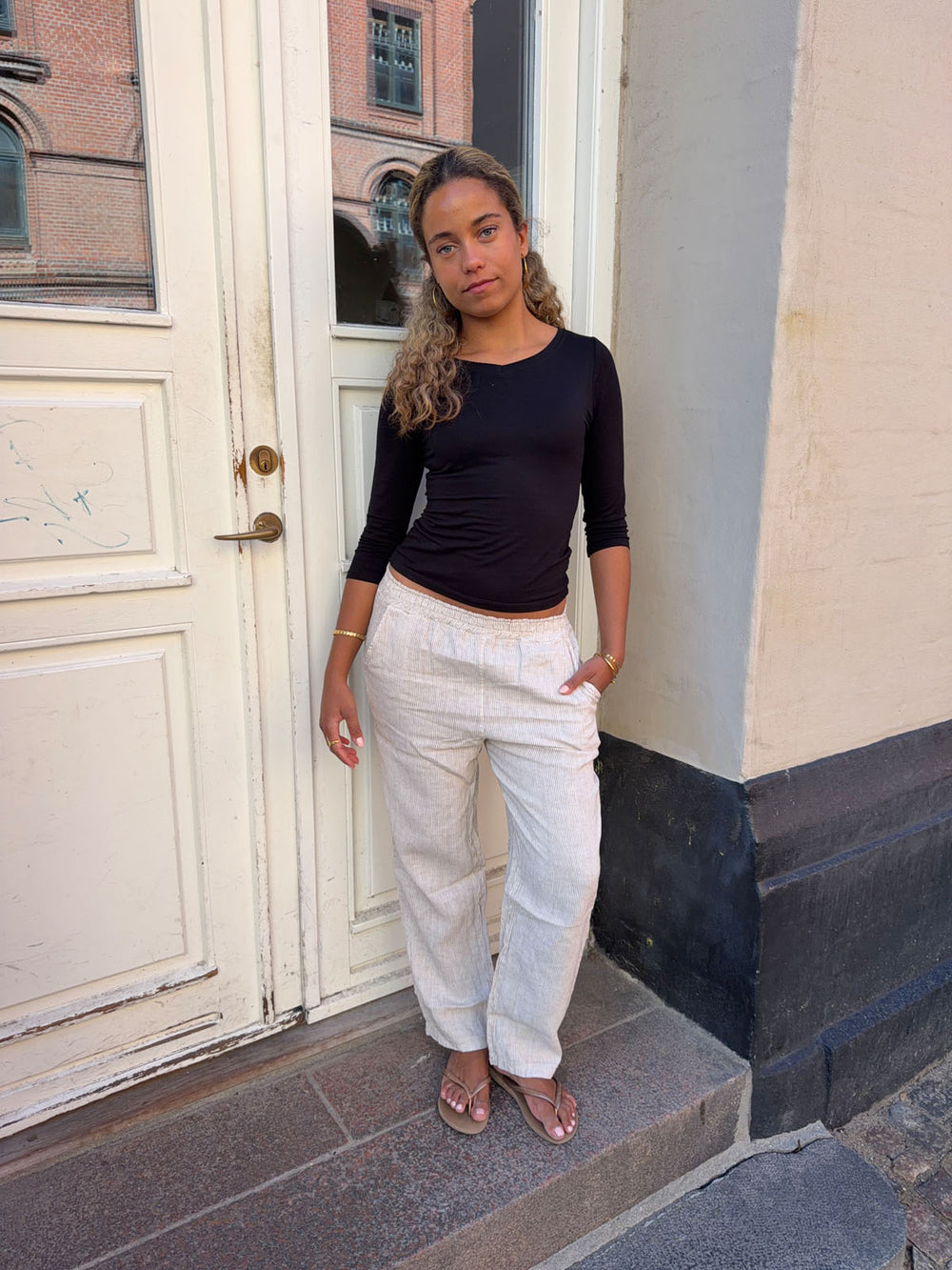 Hilja stribede hørbukser - beige