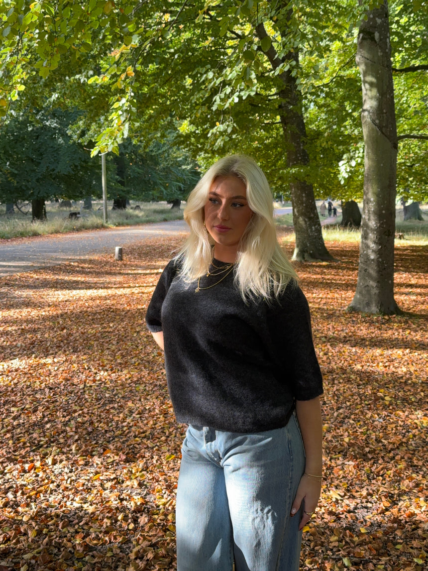 Isabell trekvartærmet striktrøje - Mørkegrå