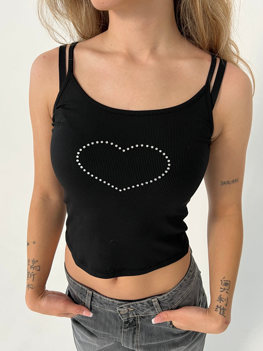 Ila rhinsten heart strap top - Sort