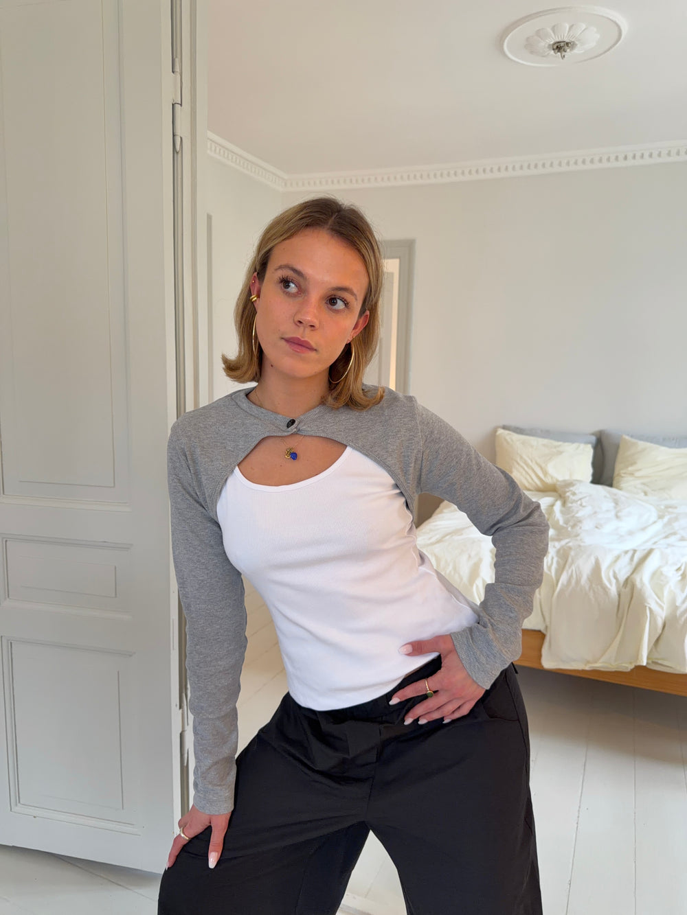 Tayla lag på lag bluse - Hvid/grå