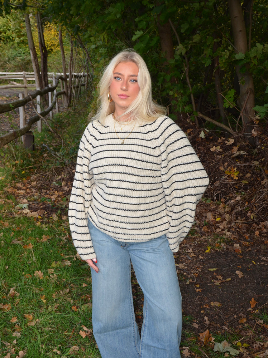 Calva striktrøje med striber - Beige/sort