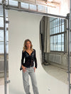 Isamara blonde bluse med velour - sort