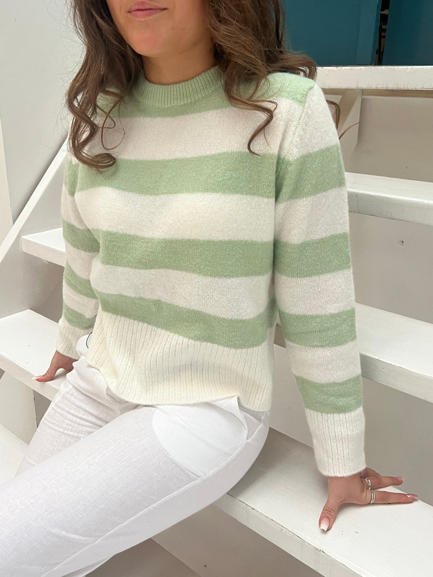 Carina striktrøje med striber - Grøn/off white