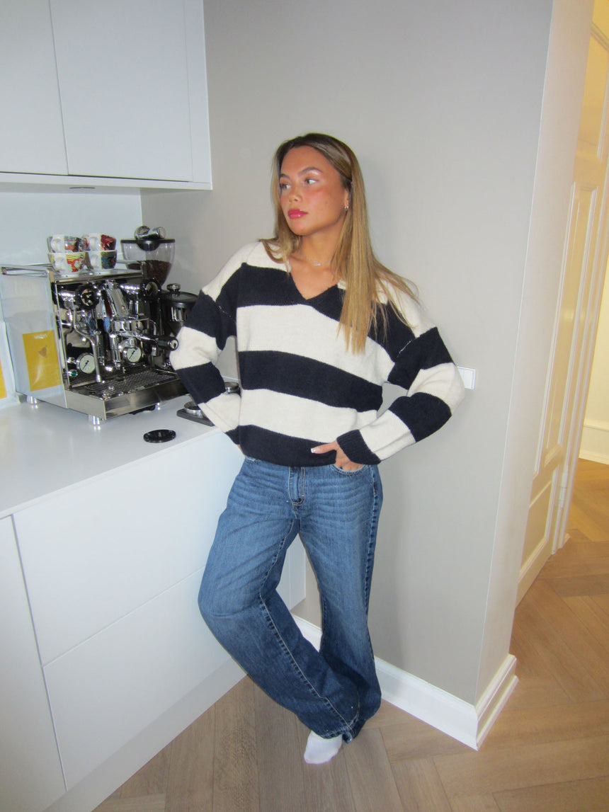 Margoth polo strik med striber - Hvid/navy