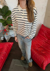 Selene polo bluse med striber - Off white/navy
