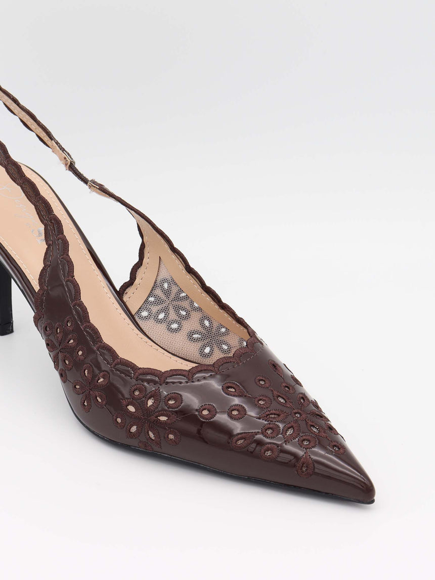 Ydun slingback hæle med detaljer - Mørkebrun