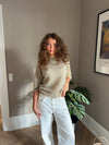 Almina strikket t-shirt med striber - Grøn/beige