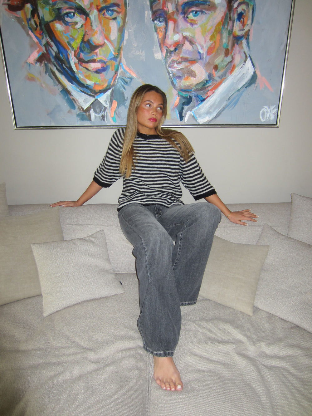 Almina strikket t-shirt med striber - Sort/hvid