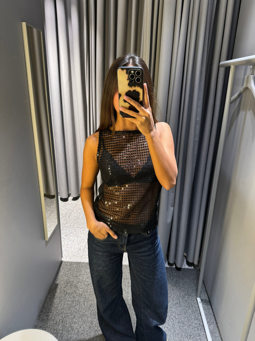 Isobel top med pallietter - Sort