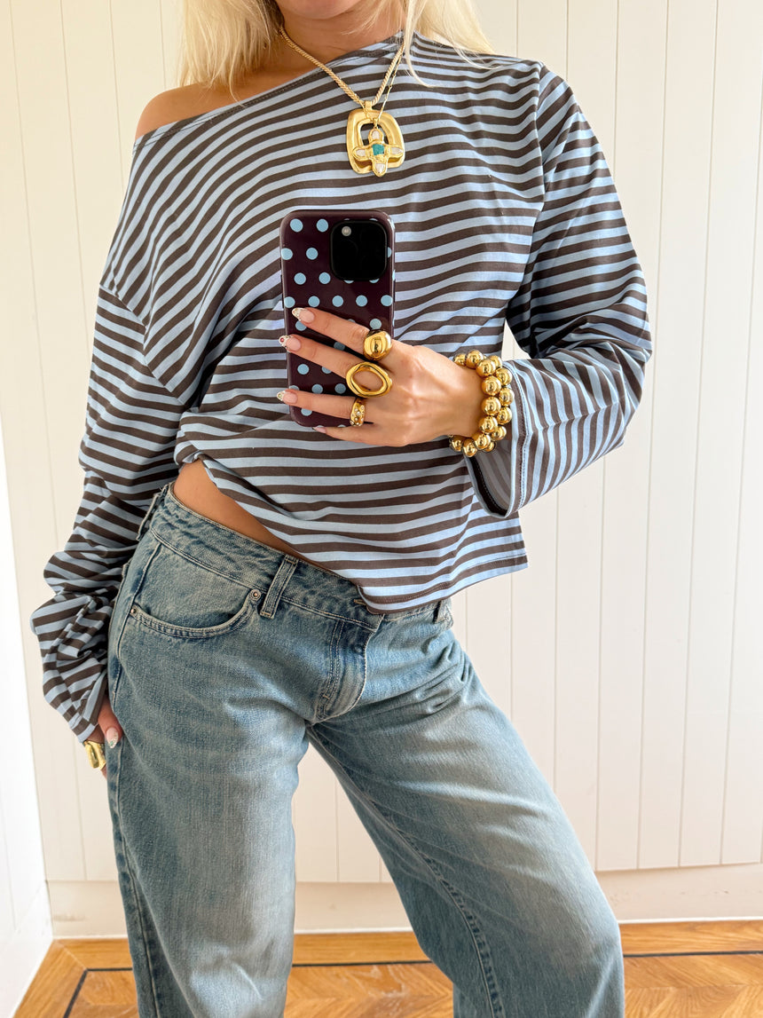 Scandivv bluse med striber - Blå/brun