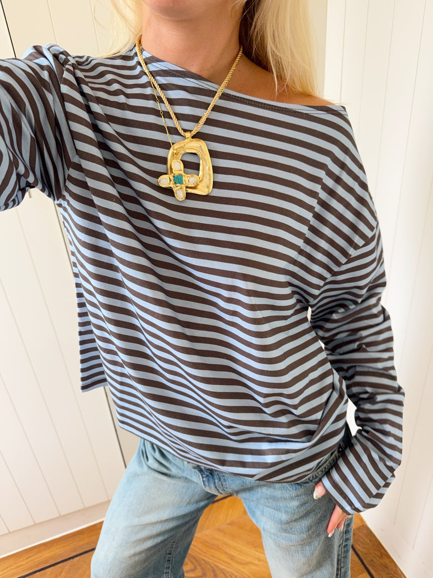 Scandivv bluse med striber - Blå/brun