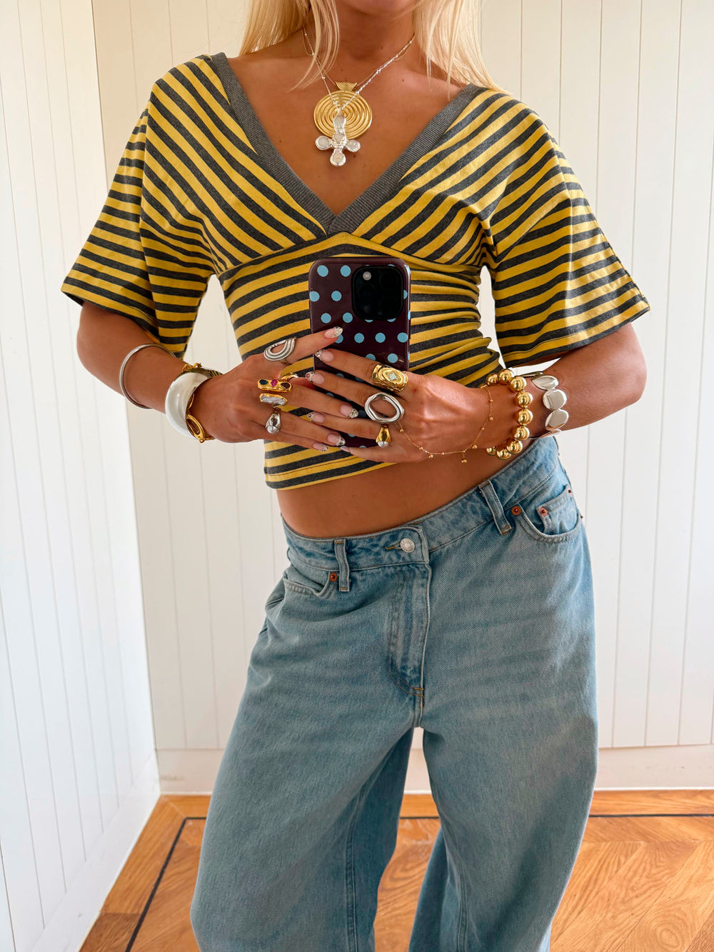 Scandivv bluse med striber - Grå/gul