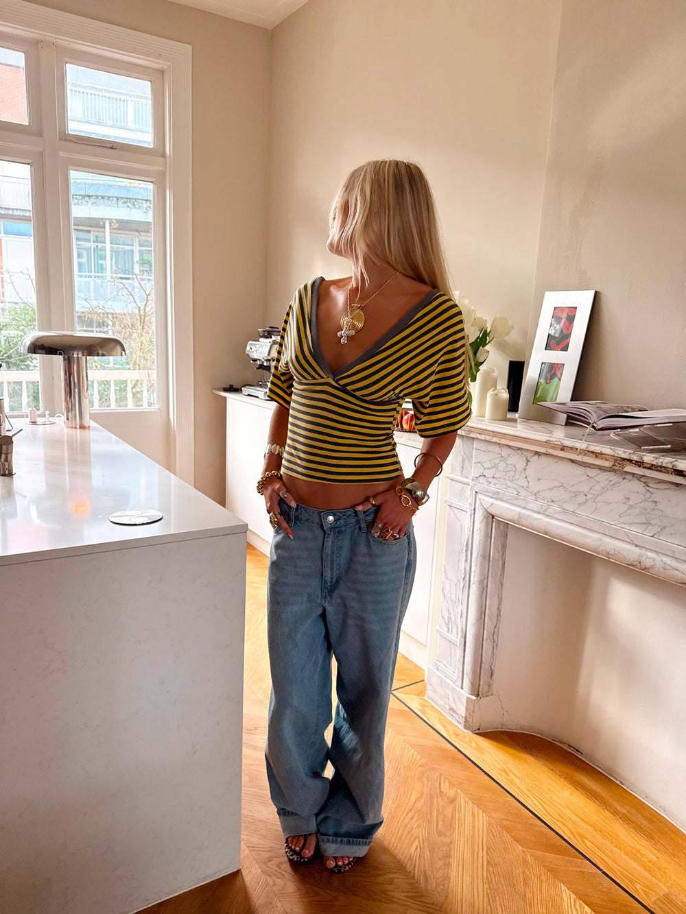 Scandivv bluse med striber - Grå/gul