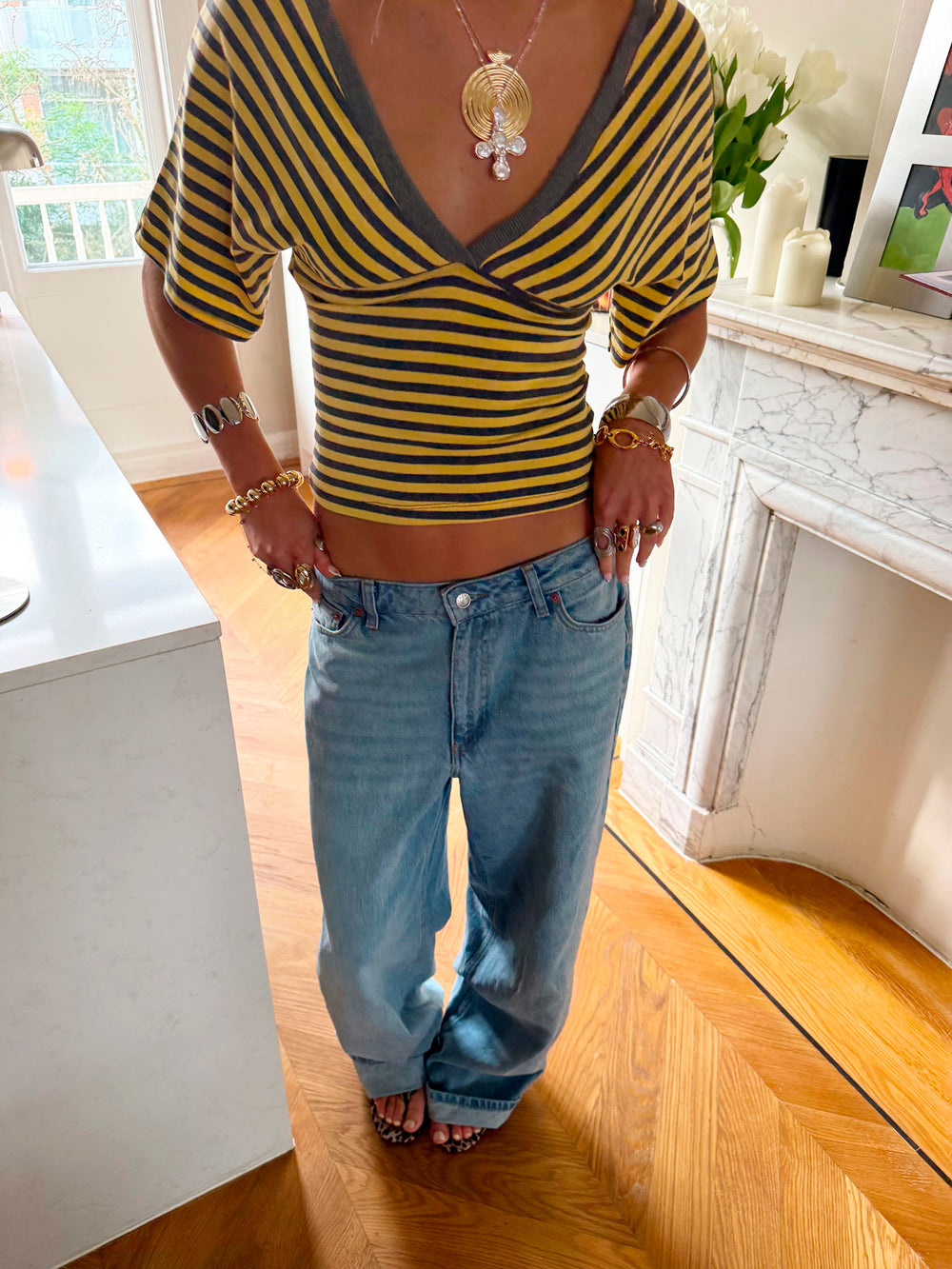 Scandivv bluse med striber - Grå/gul