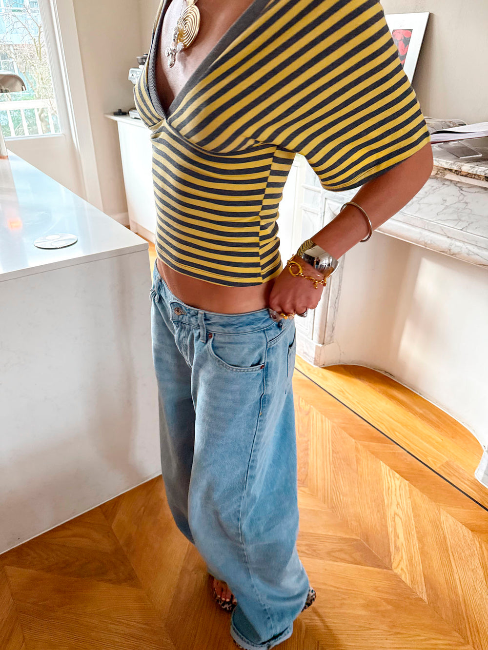 Scandivv bluse med striber - Grå/gul