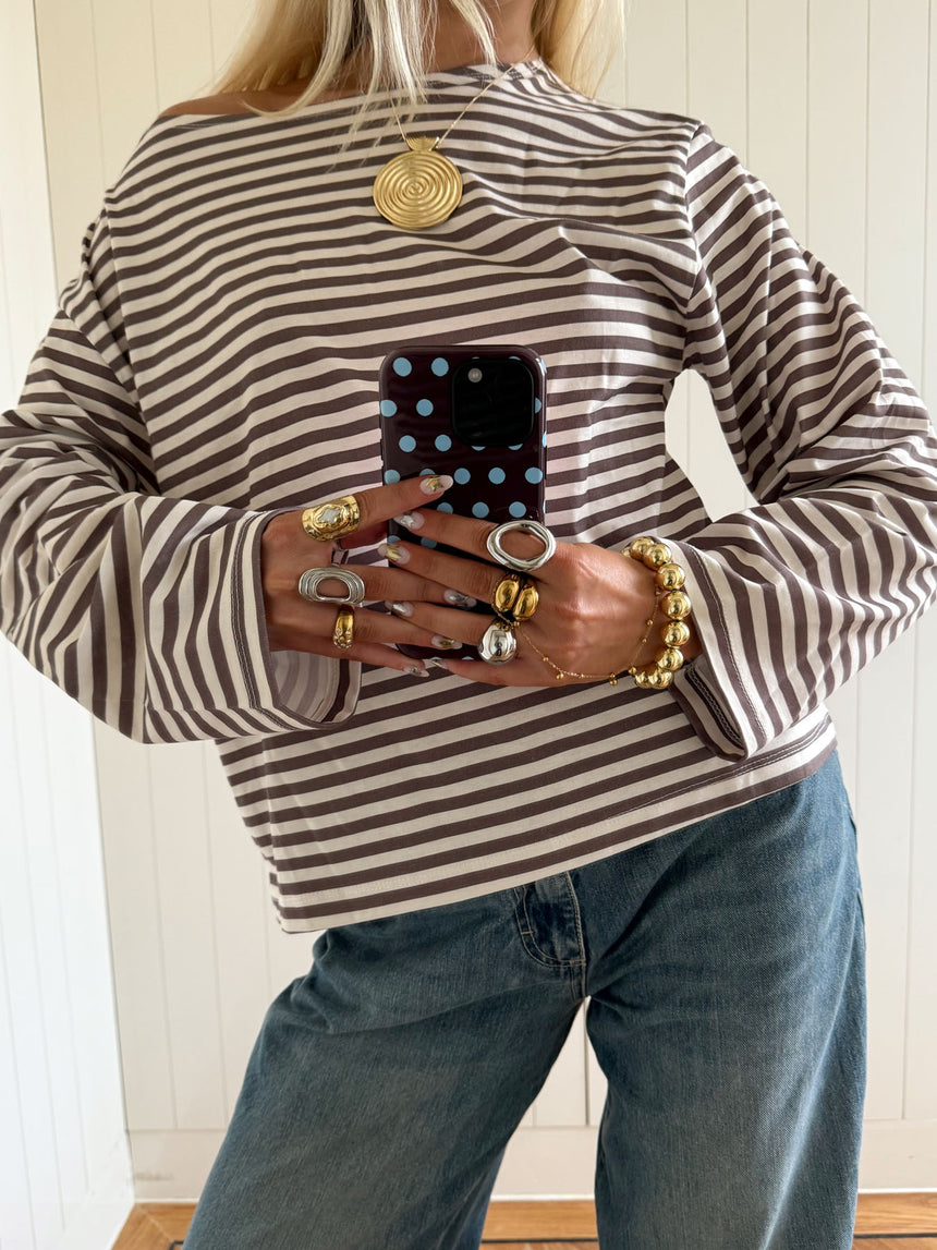 Scandivv bluse med striber - Grå/hvid