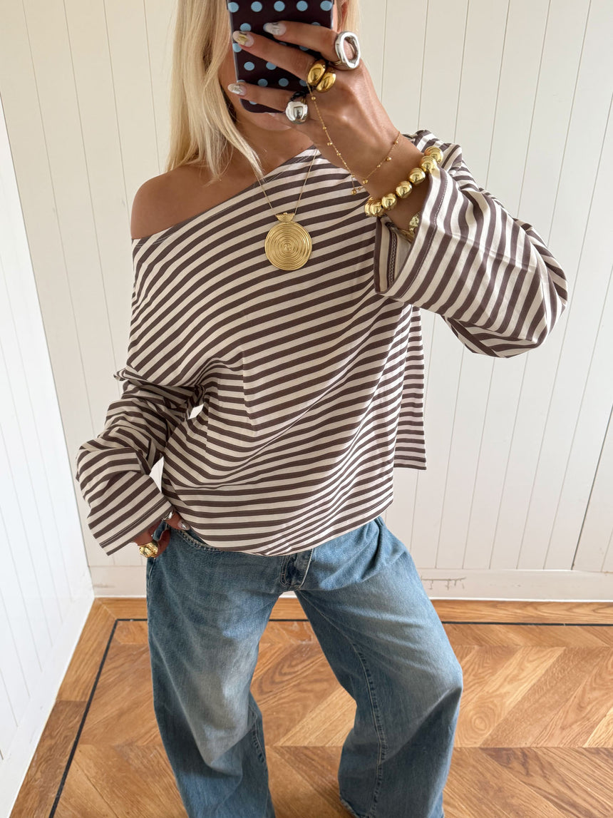 Scandivv bluse med striber - Grå/hvid