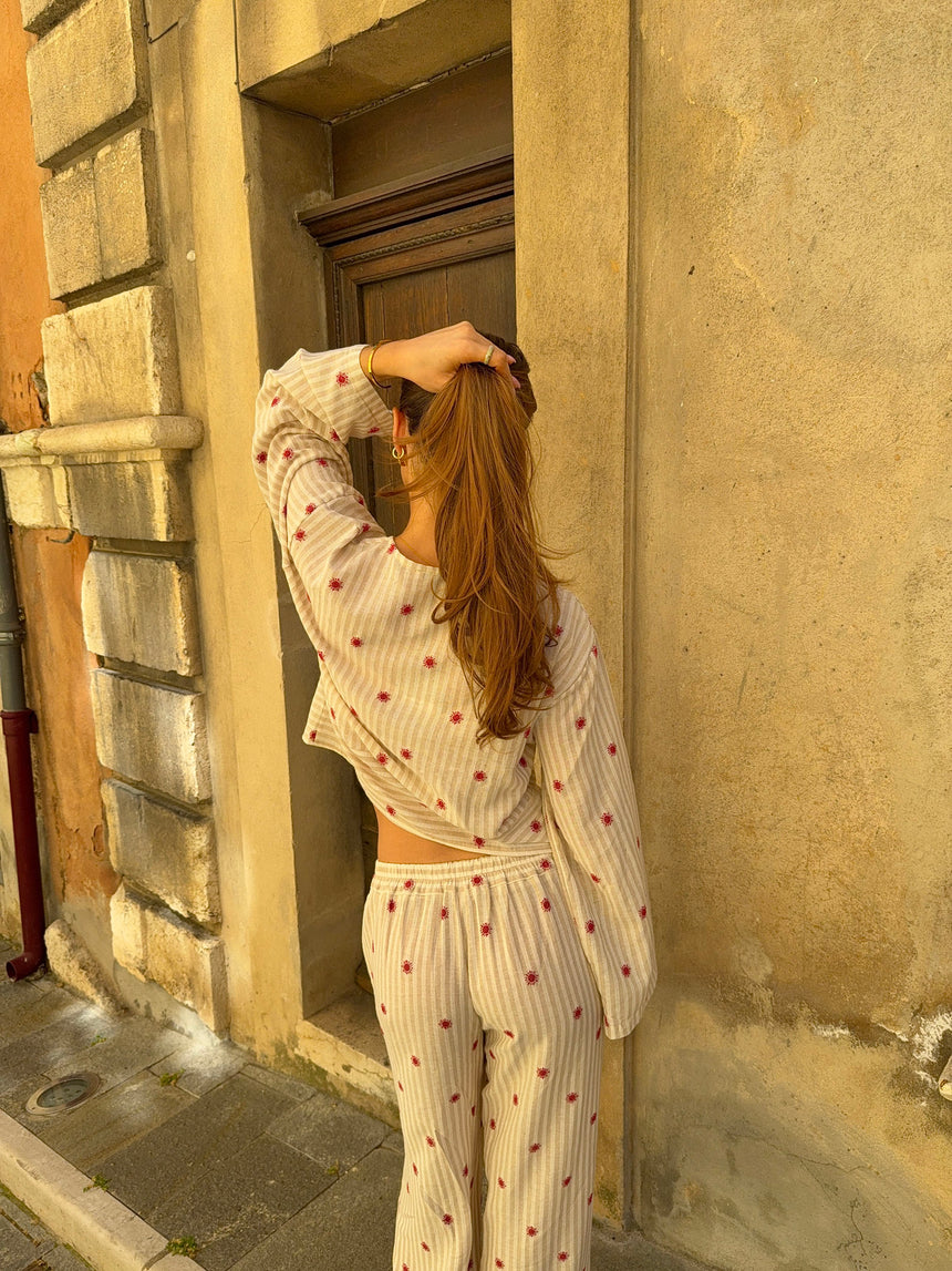 Miran bluse med solmønster - Beige/rød