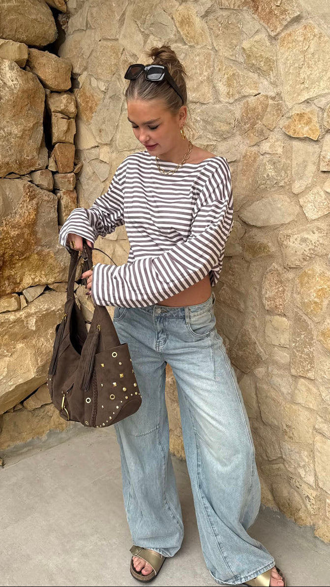 Scandivv bluse med striber - Taupe/hvid