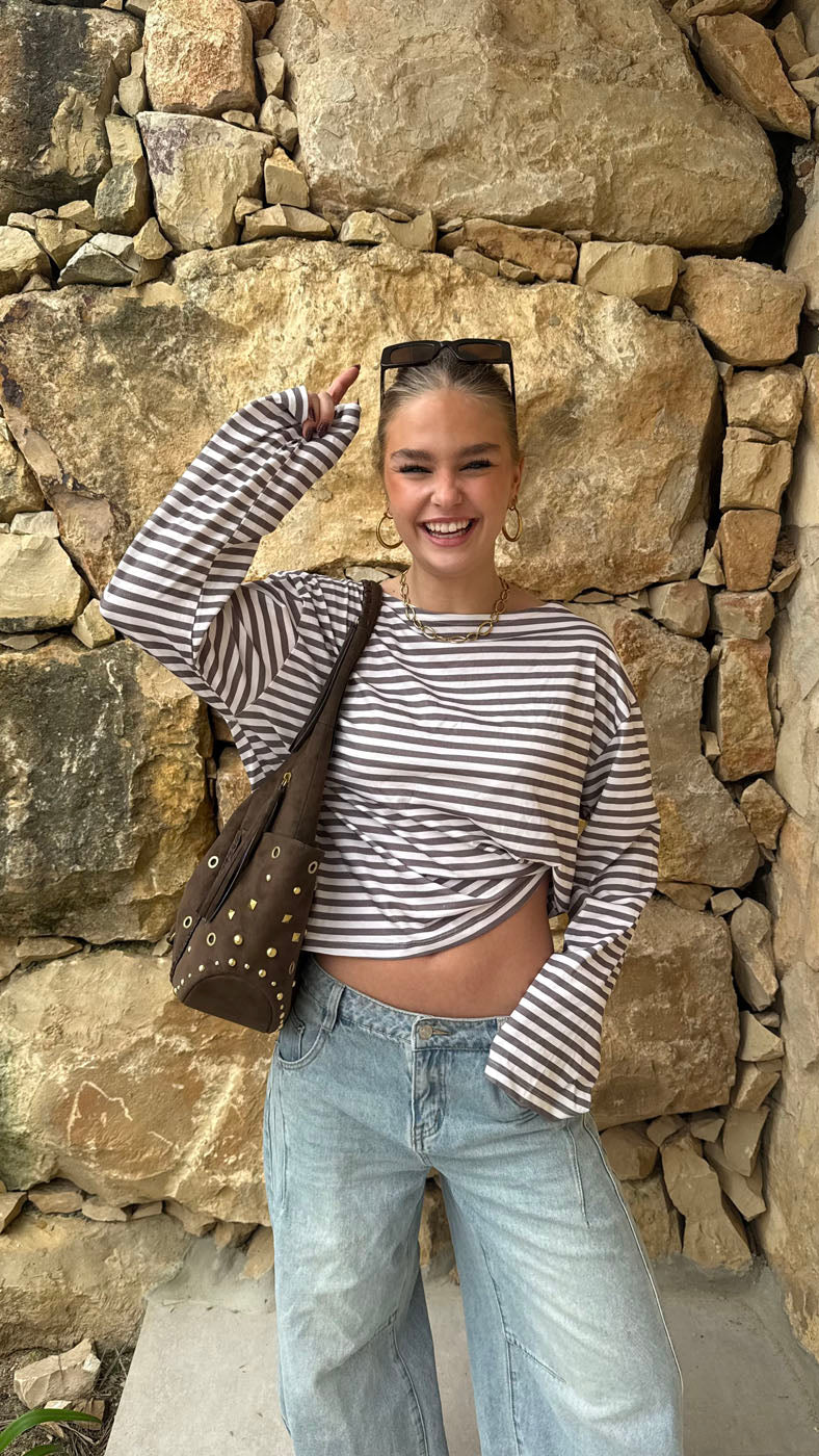 Scandivv bluse med striber - Taupe/hvid