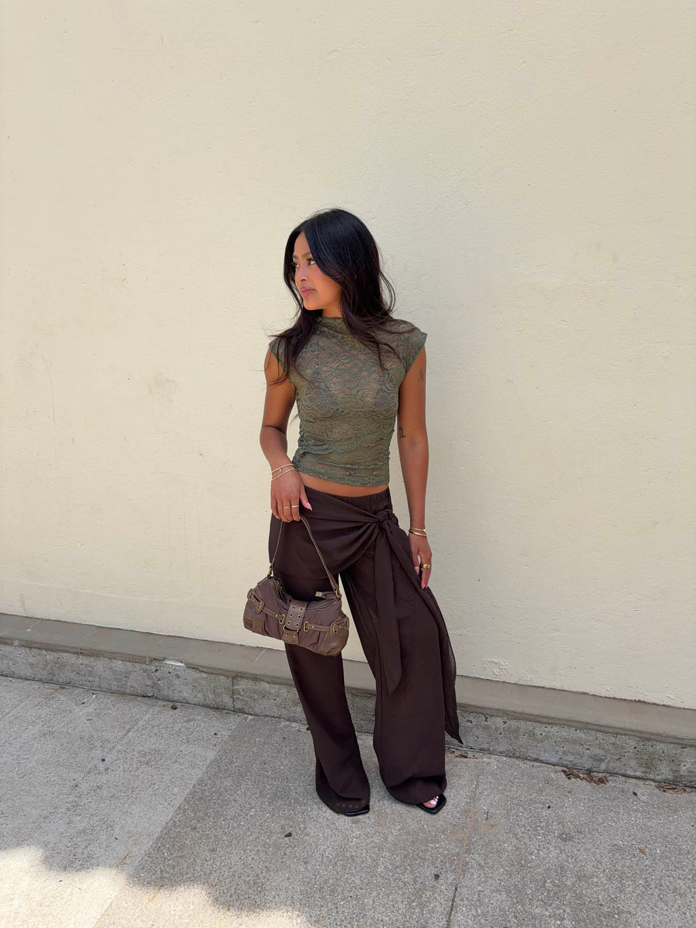 Estrella bukser i mesh med bindedetalje - Brun