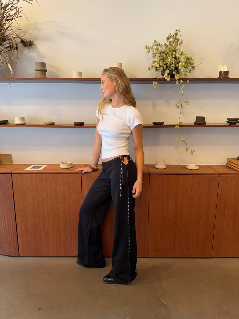 Binda bukser med bindebånd og polkaprikker - Sort/hvid