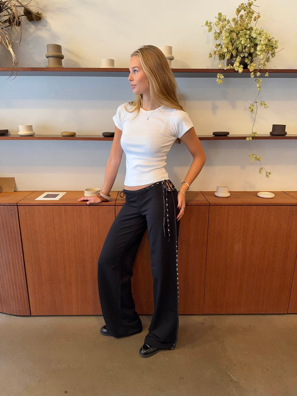 Binda bukser med bindebånd og polkaprikker - Sort/hvid